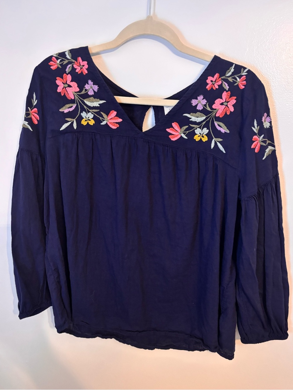 Old Navy Navy Embroidered Floral Peasant Blouse
